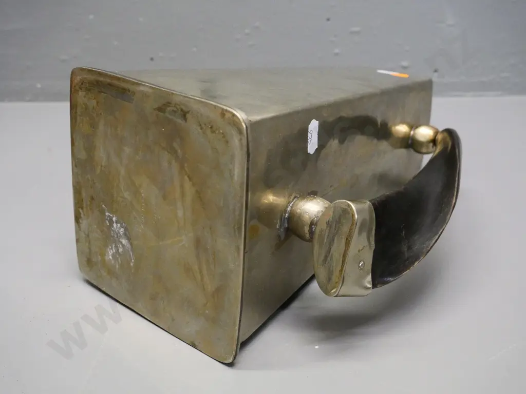 unusual square-based metal jug with horn handle, 'Hecho en Mano' stamped on bottom H-320 Image 1++