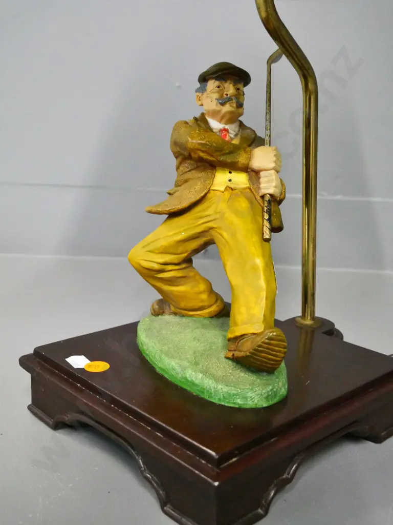 ceramic golfer figure table lamp on wood base, H-490 including pleated shade Image 1++