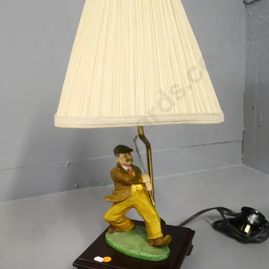 ceramic golfer figure table lamp on wood base, H-490 including pleated shade