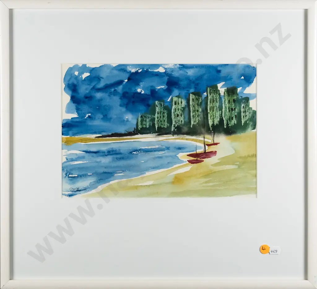 framed watercolour - beach scene H-200 W-290 Image 1++