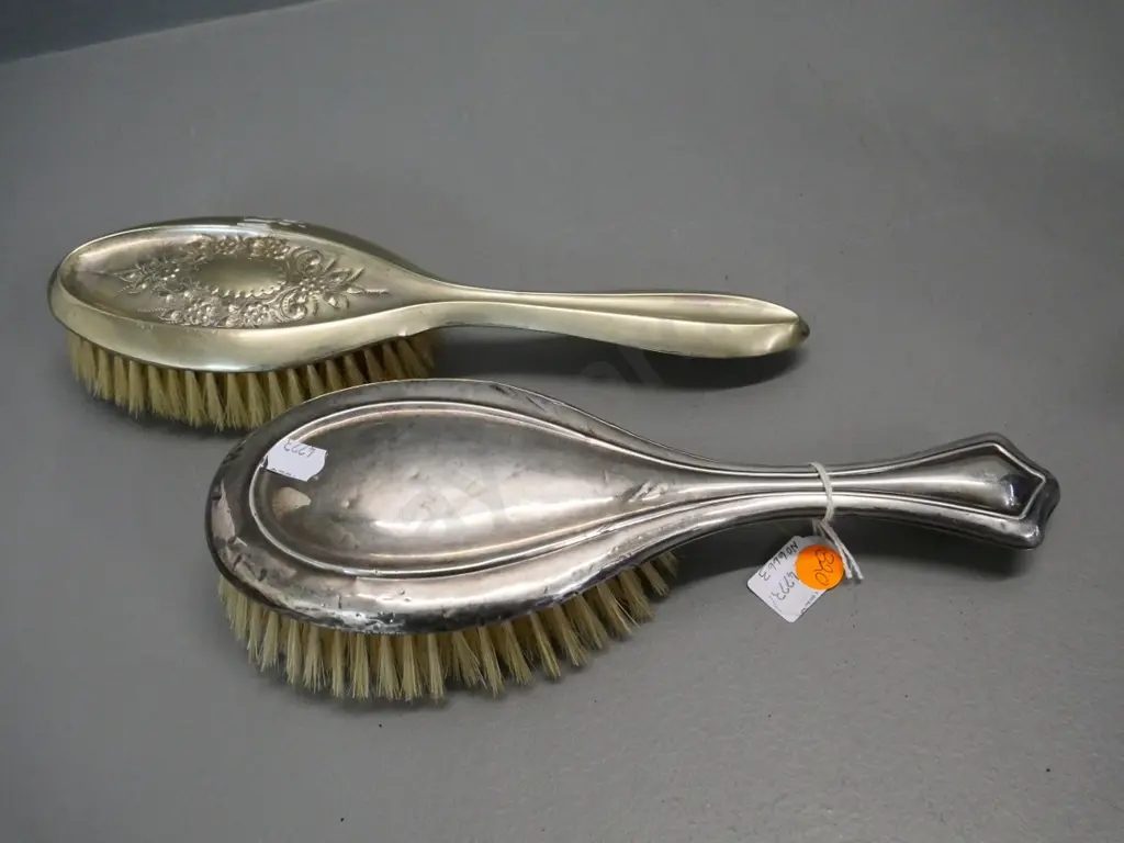 2 sterling silver backed hair brushes - minor dents and scratches Image 1++