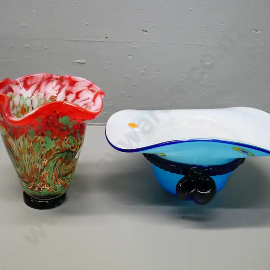 2 pieces of art glass - a multi-colour mottled vase H-180 and a blue millefiore white-lined hat vase/bowl