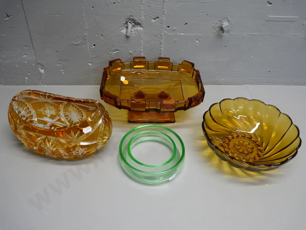4 pieces of glass - deco depression glass comport bowl H110 W250, uranium glass trough, amber & clear etched bowl etc. Image 1++