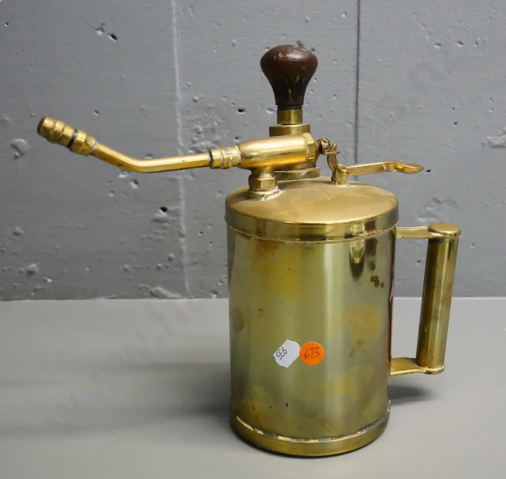 vintage brass garden sprayer with wooden knob - marked Made in England, minor dents H-220 Image 1++