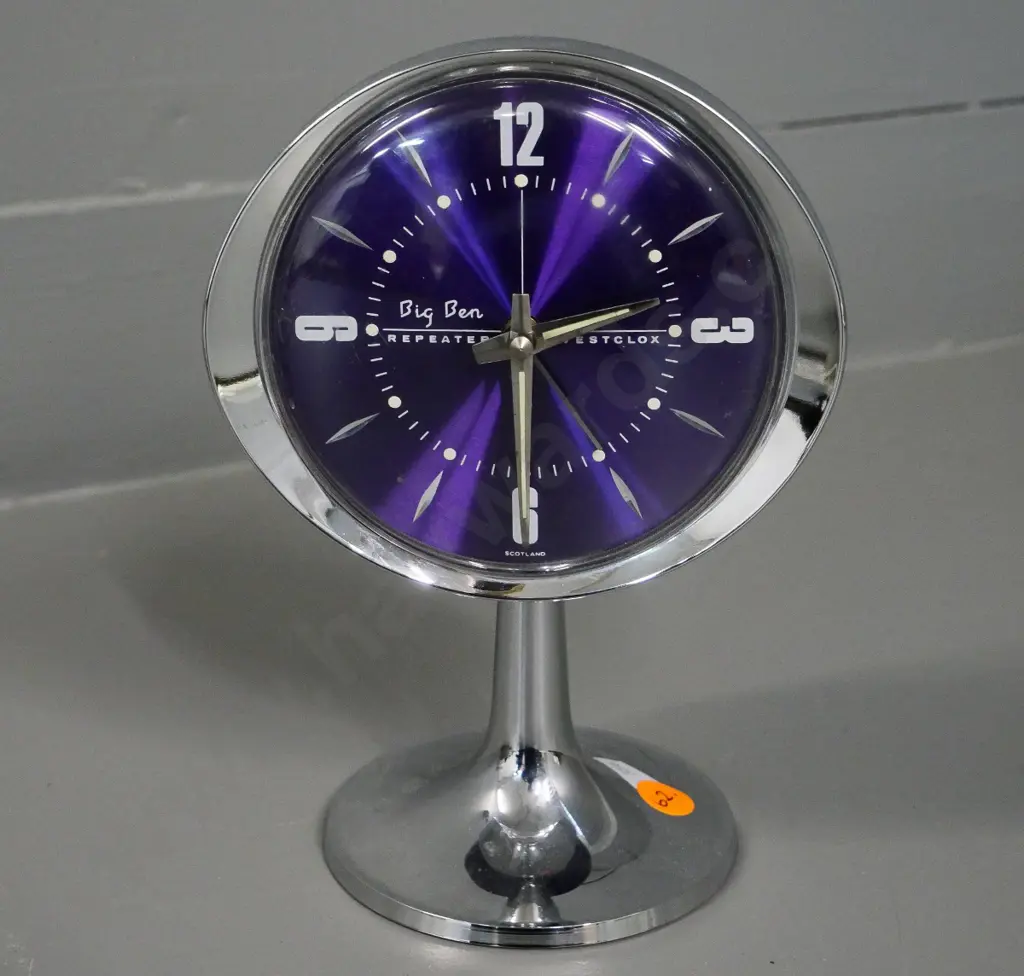 retro Westclox Big Ben Repeater chrome and purple finished face alarm clock H-190 Image 1++