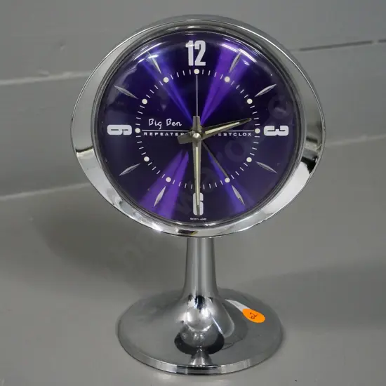 retro Westclox Big Ben Repeater chrome and purple finished face alarm clock H-190
