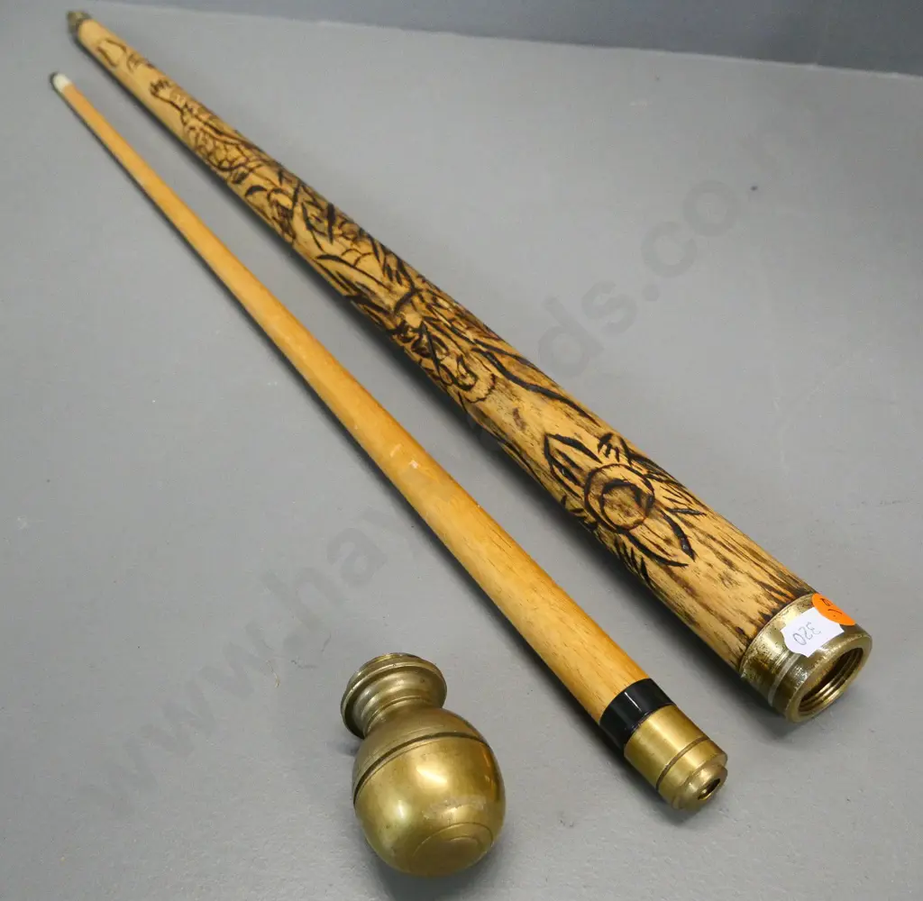 poker-carved walking stick / 2-piece pool cue, with brass screw-off cap and foot: cue fitting collar is loose Image 1++