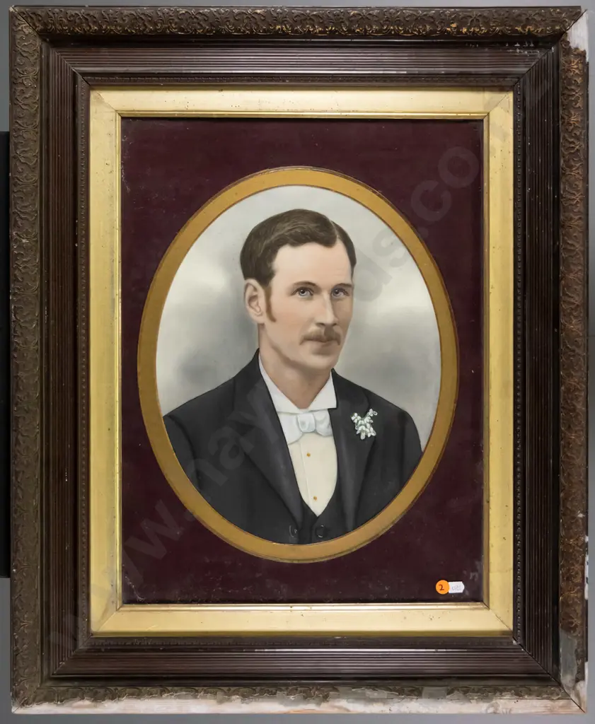 framed hand coloured photograph - portrait (damage to frame) H-360 W-290 Image 1++