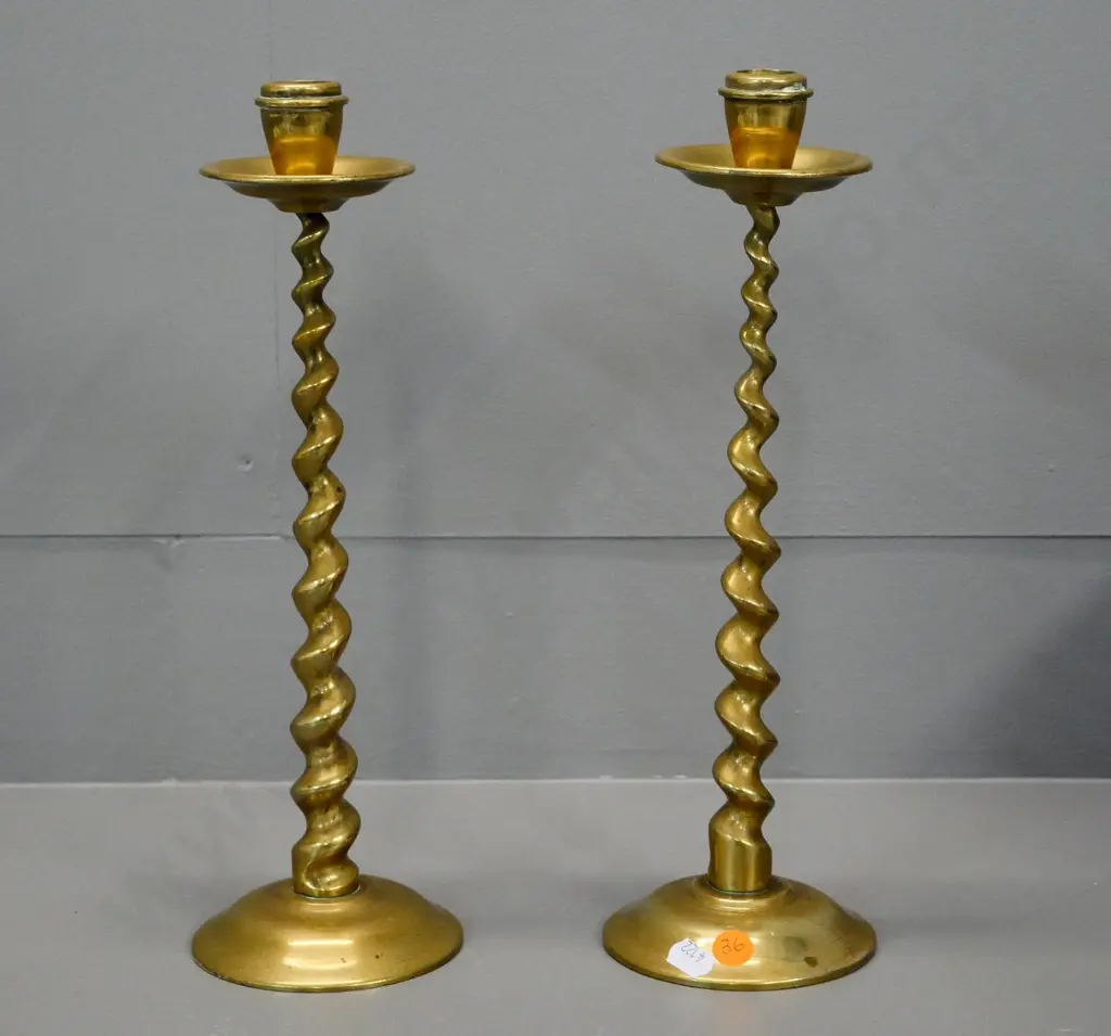 pair of brass barley twist candlesticks H-320 Image 1++