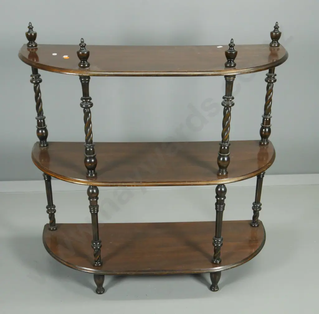 mahogany bow-front 3-tier whatnot with turned columns - hole drilled in top, finish needs attention H-820 W-790 D-300 Image 1++