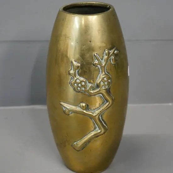 Chinese heavy brass blossom leaf pattern vase with maker's mark on base H-195
