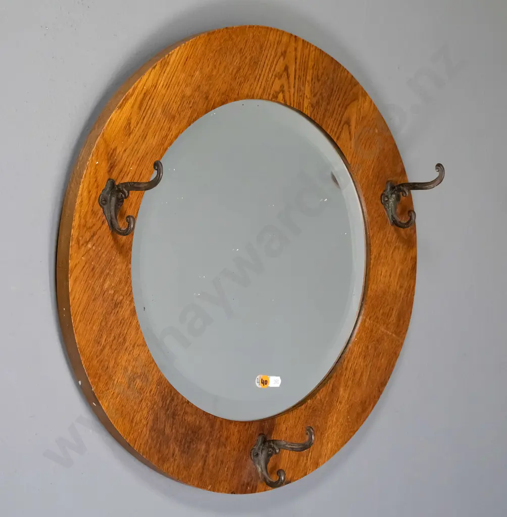 circular oak framed wall mirror with coat hooks Diam-500 Image 1++