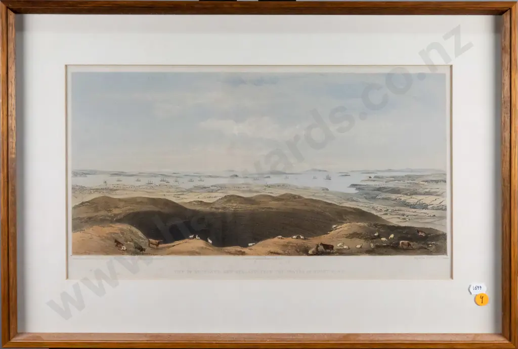 (reproduction?) framed lithograph - Auckland from the crater of Mount Eden - artist F.R. Stack, pub. Day & Son H230 W420 Image 1++