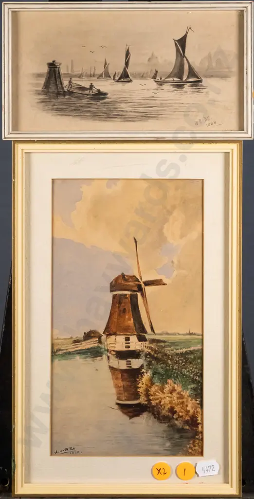 2x Wallace Poll framed watercolours - boating scene, windmill Largest H-210 W-120 Image 1++