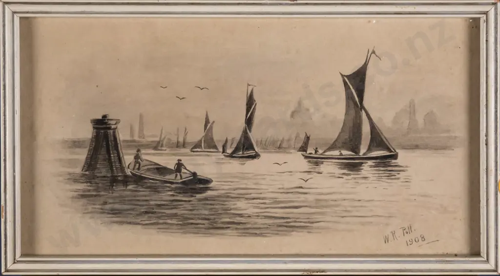 2x Wallace Poll framed watercolours - boating scene, windmill Largest H-210 W-120 Image 1++