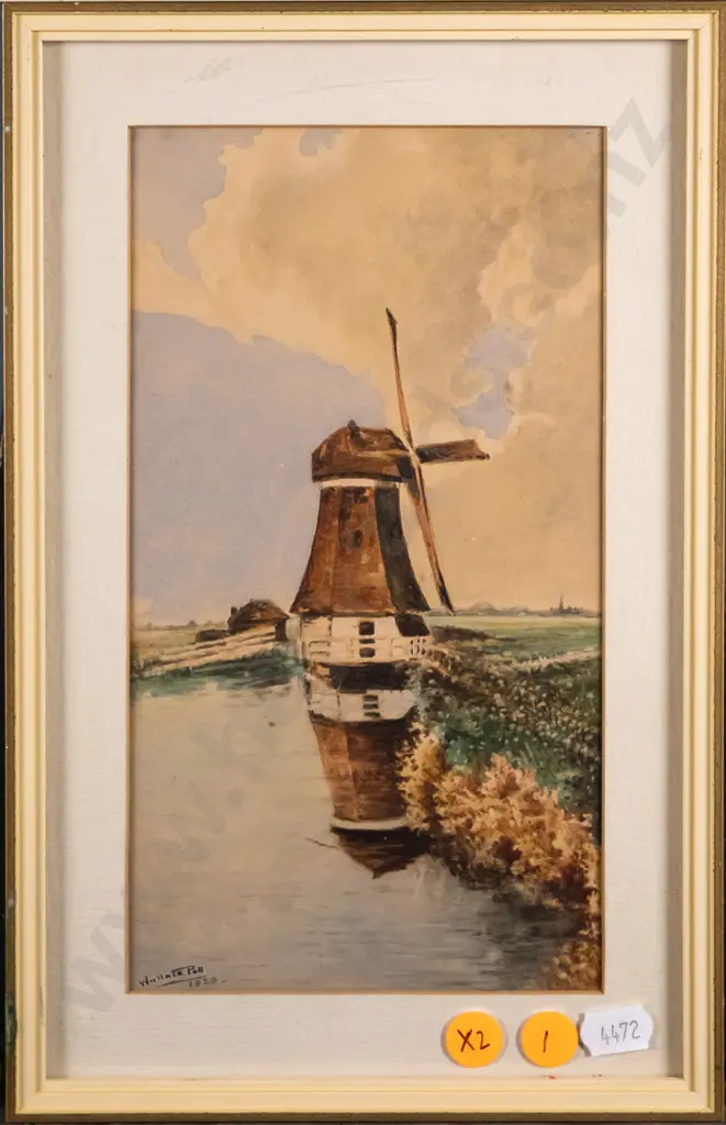 2x Wallace Poll framed watercolours - boating scene, windmill Largest H-210 W-120 Image 1++