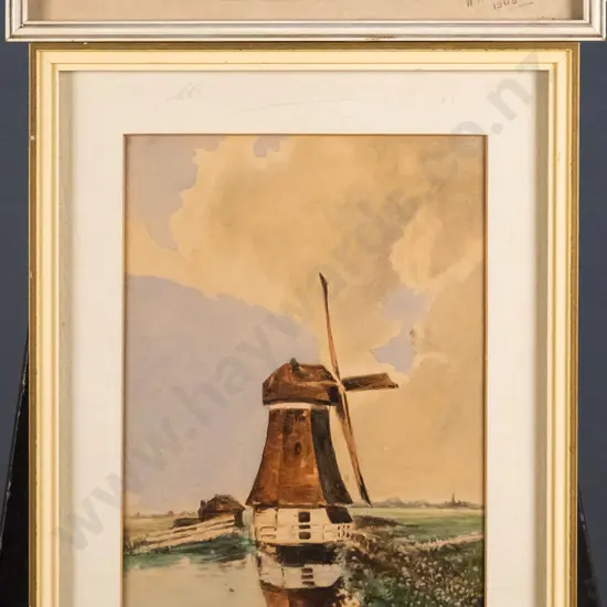 2x Wallace Poll framed watercolours - boating scene, windmill Largest H-210 W-120