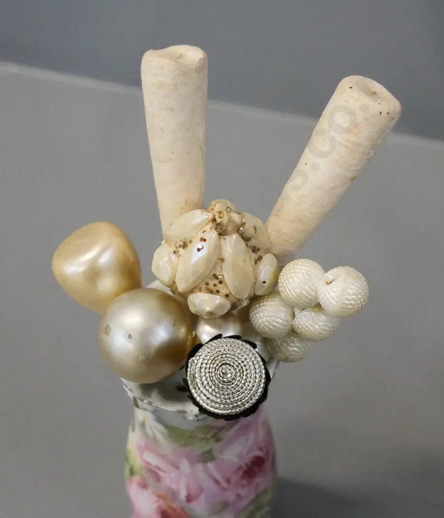 2 vintage hat-pin holders, one marked Wilkinson, and 13 assorted hat pins Image 1++