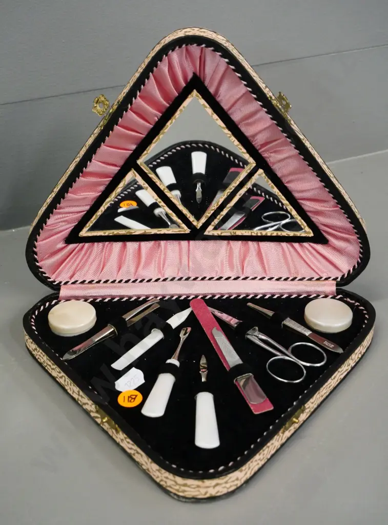 manicure set in fitted case with triangular mirrors in lid, faux mother of pearl handles Image 1++