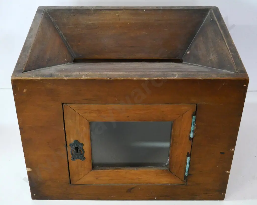 wooden "Telegrams and Letters" box, missing bottom, with top slot, glazed door H-235 W-300 D-225 Image 1++