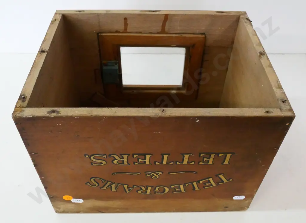 wooden "Telegrams and Letters" box, missing bottom, with top slot, glazed door H-235 W-300 D-225 Image 1++