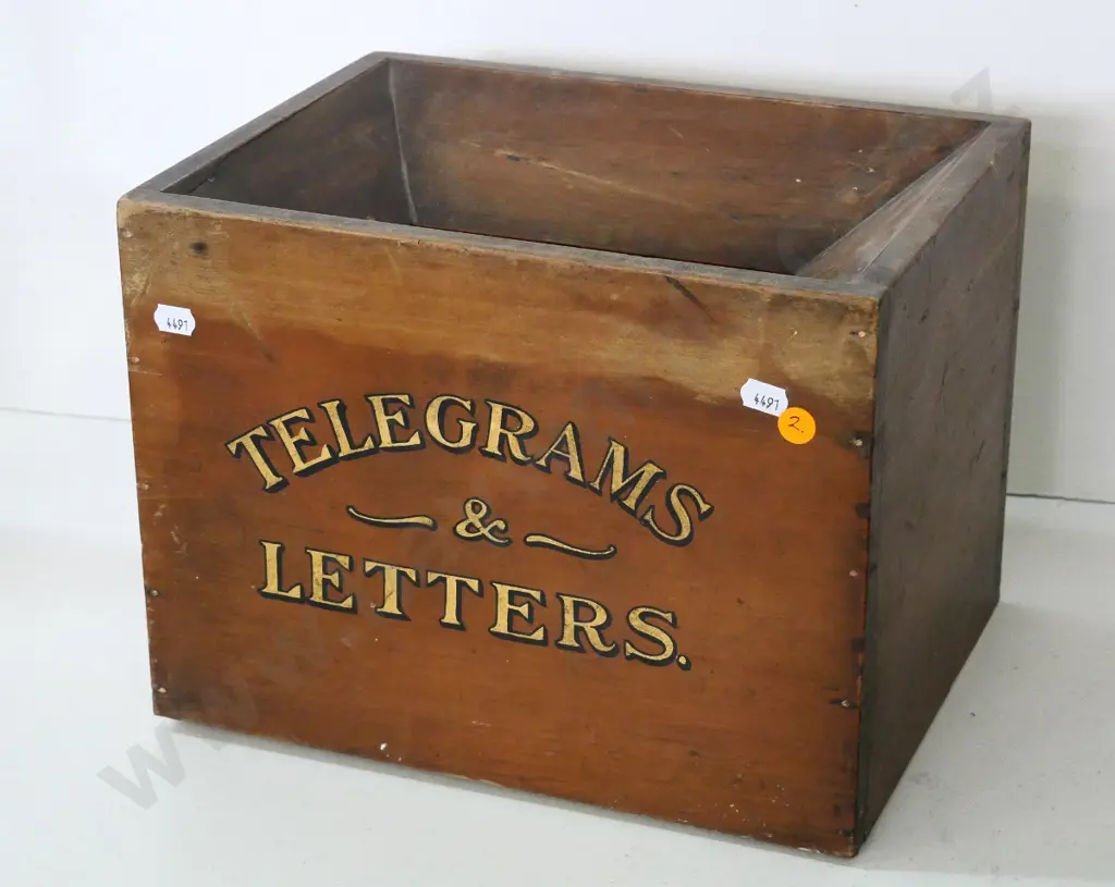 wooden "Telegrams and Letters" box, missing bottom, with top slot, glazed door H-235 W-300 D-225 Image 1++