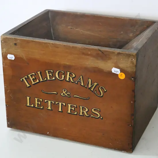 wooden "Telegrams and Letters" box, missing bottom, with top slot, glazed door H-235 W-300 D-225