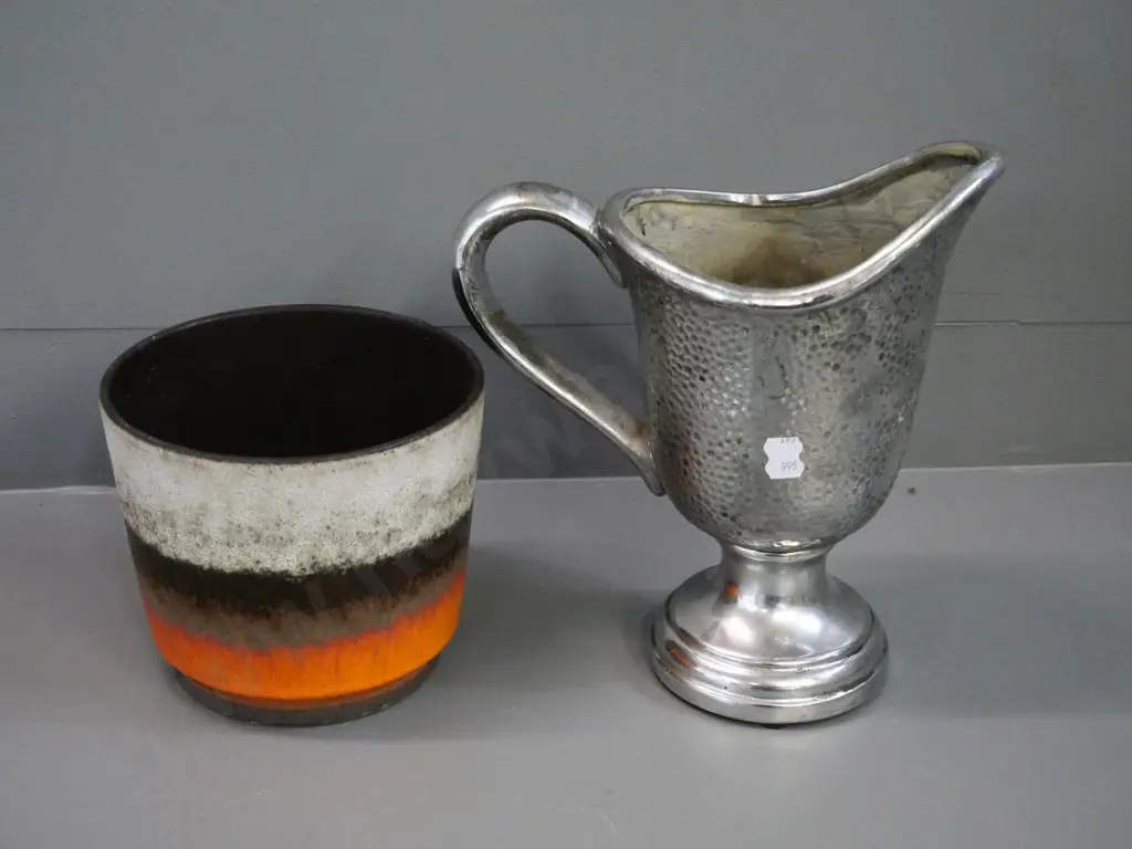 German pottery plant pot Diameter 190 at top, and a silver-finish porcelain jug H-290 Image 1++
