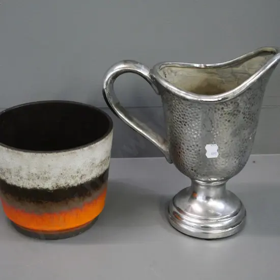 German pottery plant pot Diameter 190 at top, and a silver-finish porcelain jug H-290