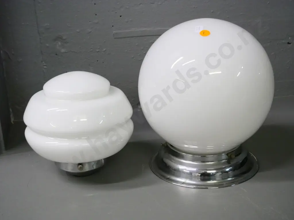 2 milk glass ceiling light shades with chrome journals. Larger globe is diameter 190 Image 1++