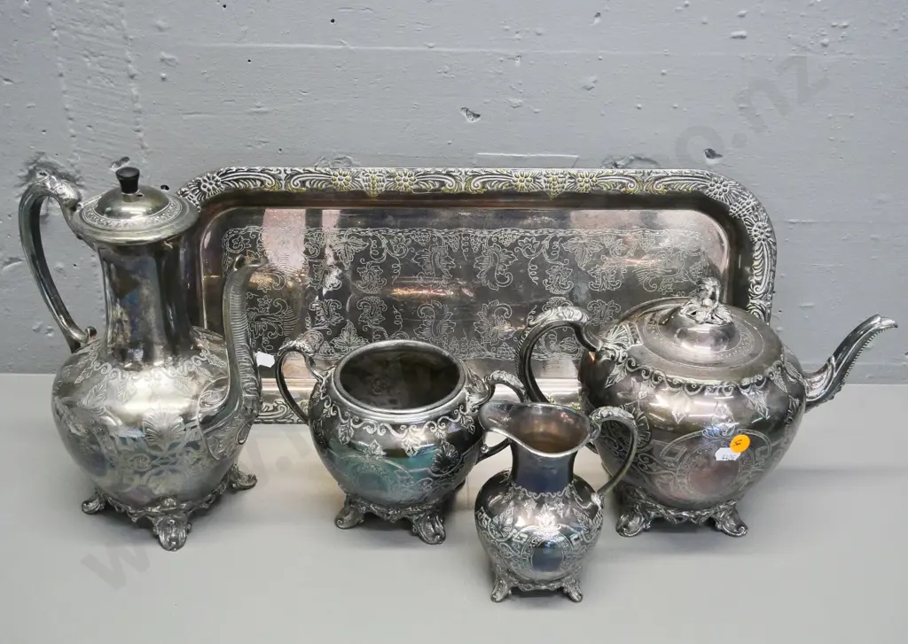 ornate silver plated etched pattern tea set - 4 pieces plus tray Image 1++
