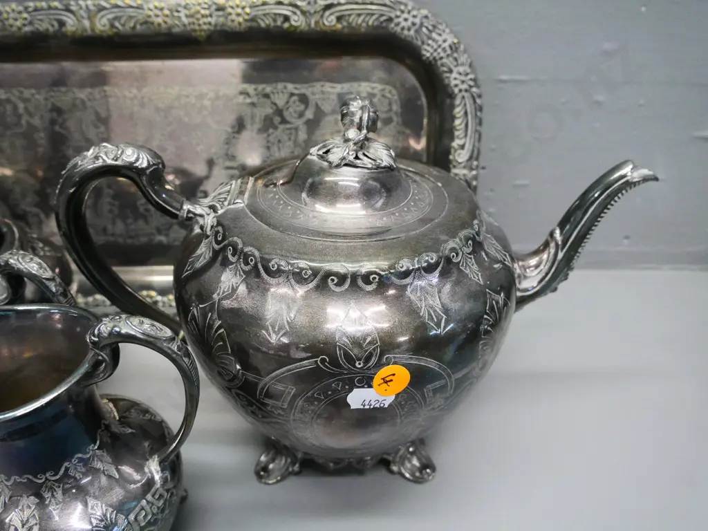 ornate silver plated etched pattern tea set - 4 pieces plus tray Image 1++
