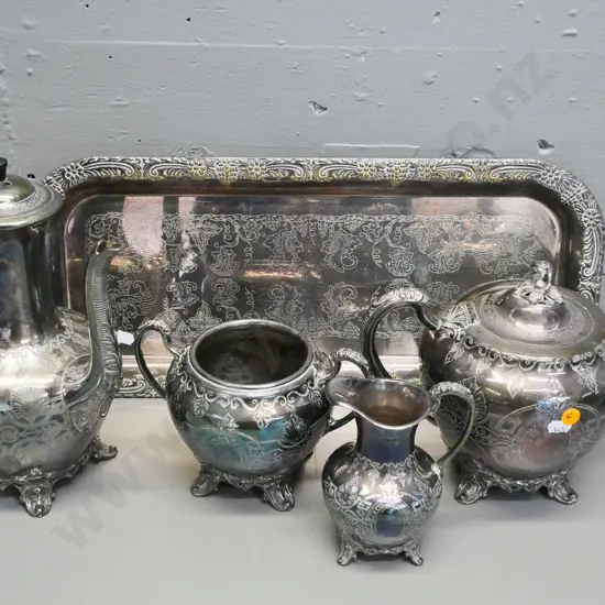 ornate silver plated etched pattern tea set - 4 pieces plus tray