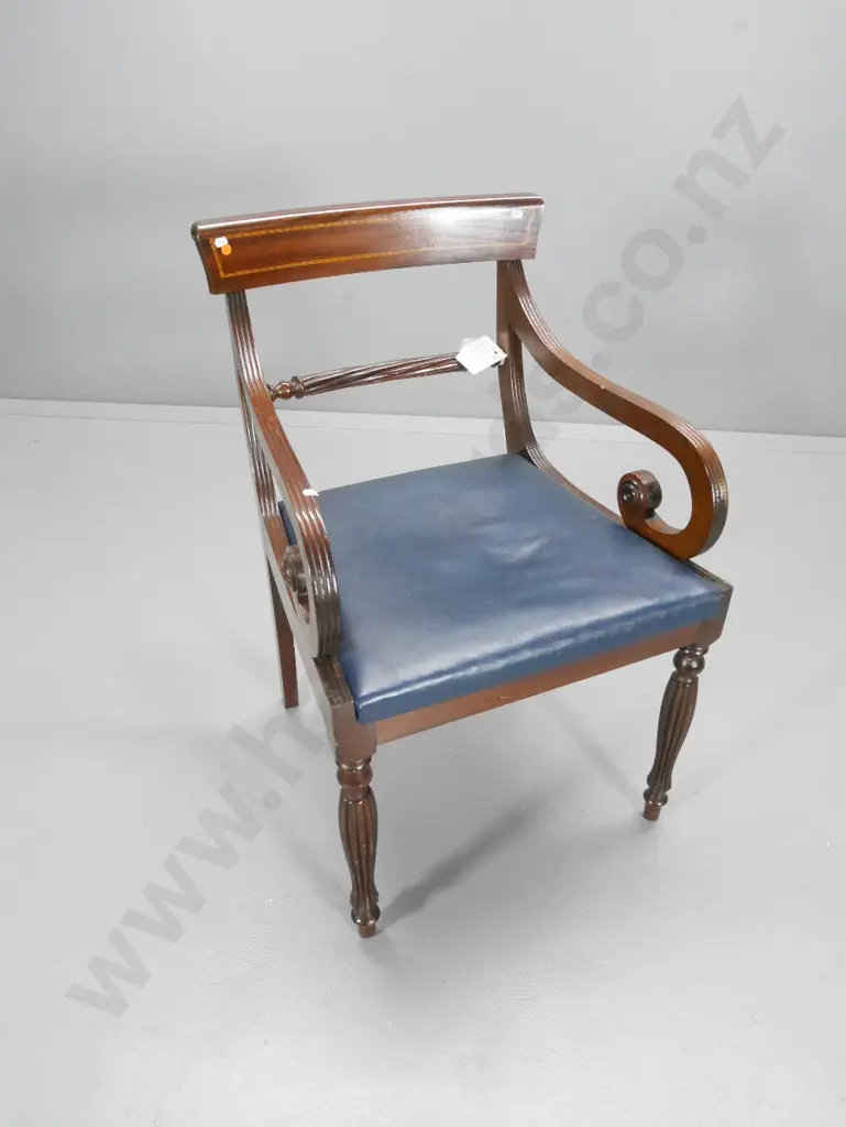19th C leather & mahogany chair with inlaid back, carved scroll arms, fluted legs, rope twist rail H830 W520 D570 Image 1++