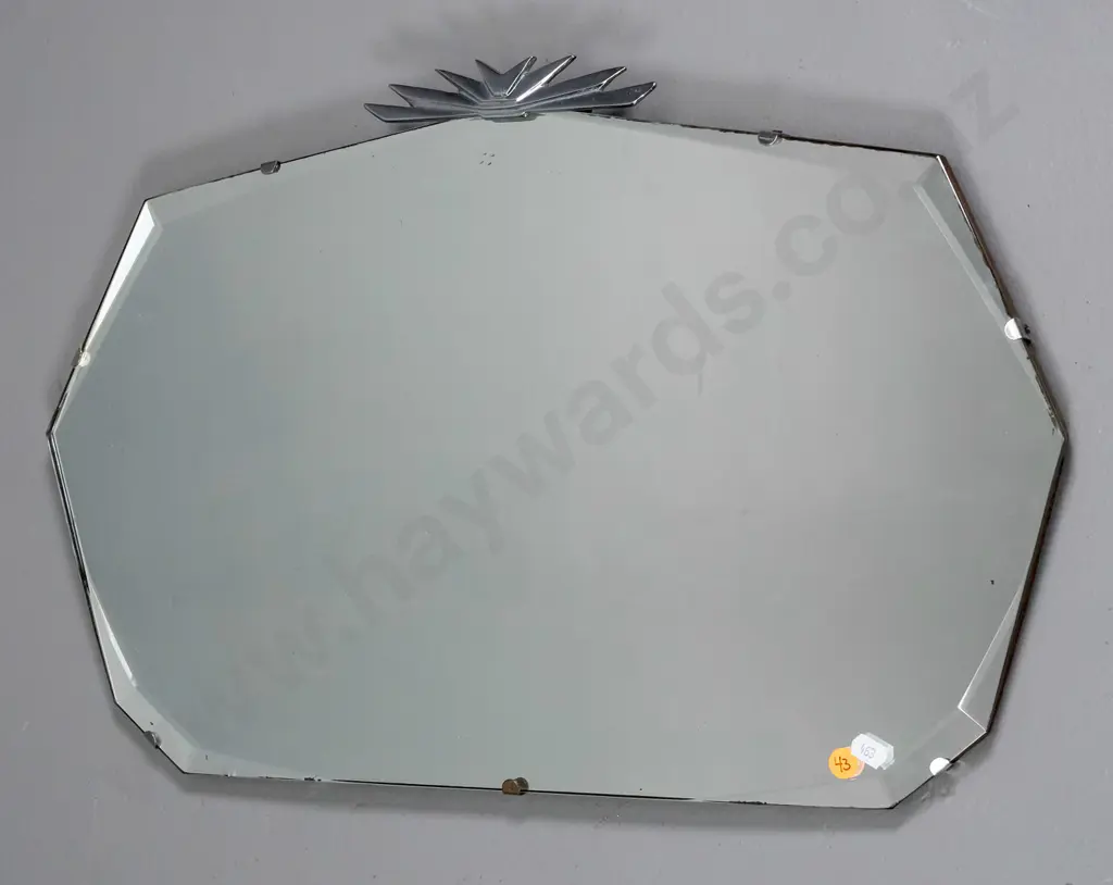deco bevelled edge wall mirror with chrome top trim - minor desilvering / corrosion H350 W550 Image 1++
