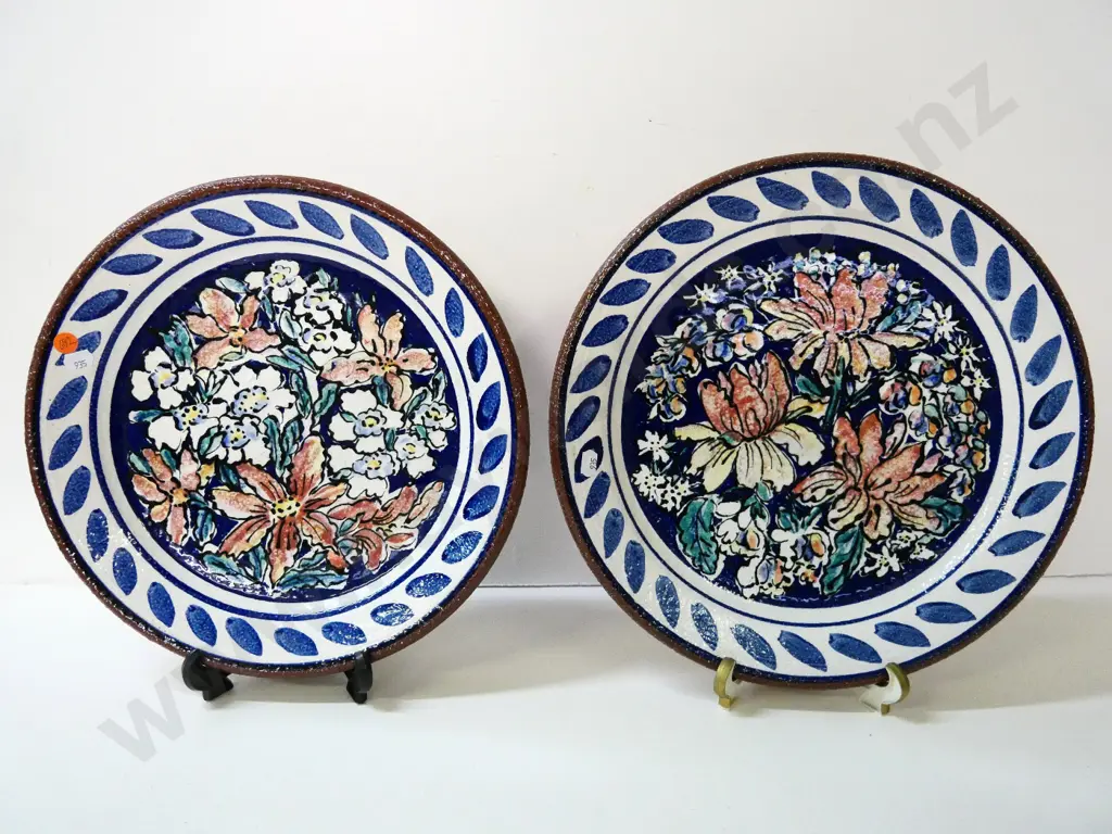 two hand-painted Estuary Arts Golden Bay decorative chargers/plates with wire hangers - larger is D-355 Image 1++