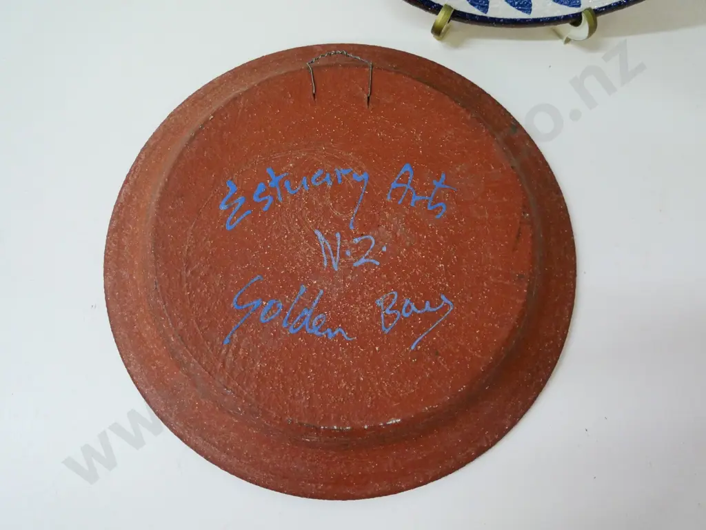 two hand-painted Estuary Arts Golden Bay decorative chargers/plates with wire hangers - larger is D-355 Image 1++