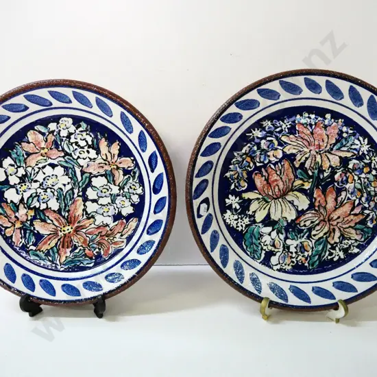 two hand-painted Estuary Arts Golden Bay decorative chargers/plates with wire hangers - larger is D-355