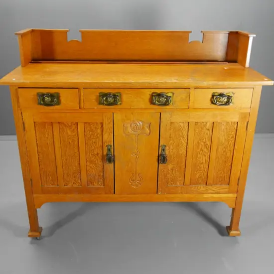 deco oak sideboard with upstand back carved front panel, ornate brass finish handles, polish needs work H1230 W1370 D550
