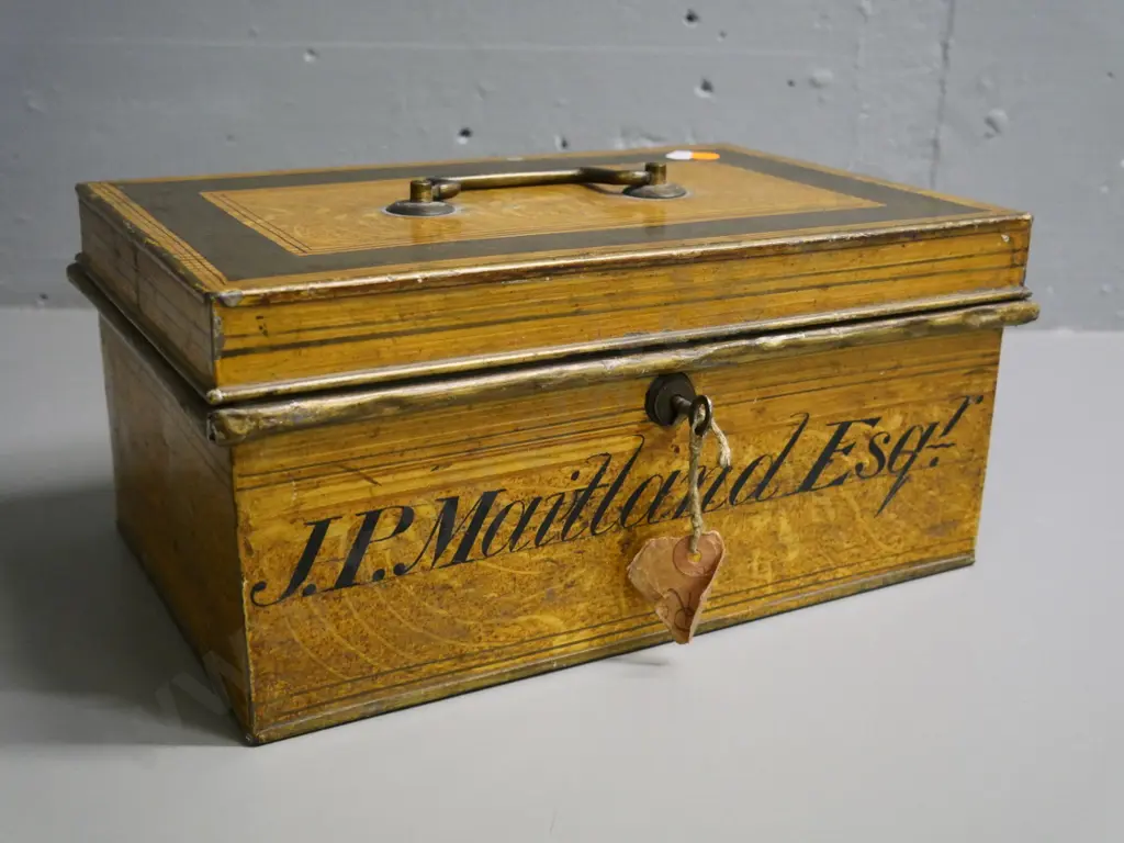vintage metal cash box with key, faux finish and JP Maitland Esq. painted on front W-320 D-210 Image 1++