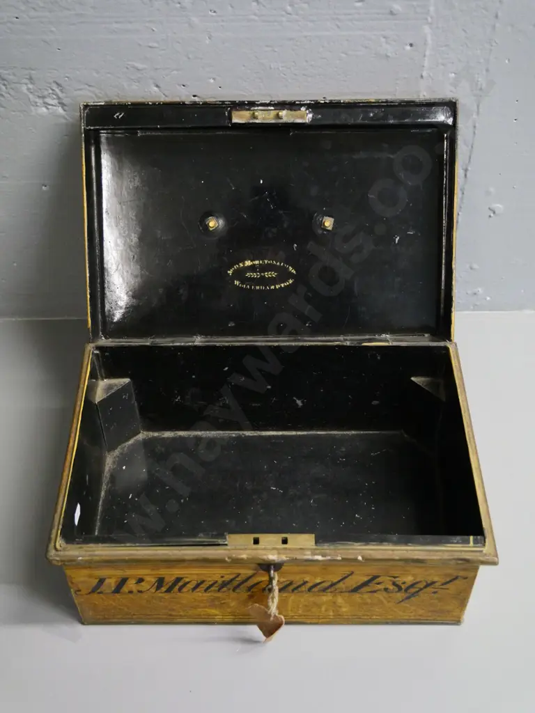 vintage metal cash box with key, faux finish and JP Maitland Esq. painted on front W-320 D-210 Image 1++