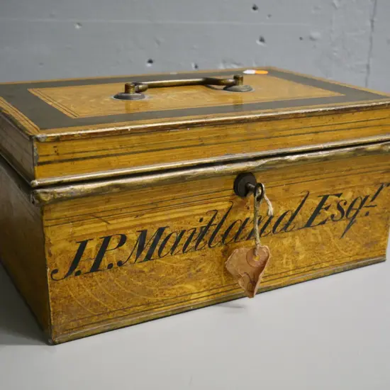 vintage metal cash box with key, faux finish and JP Maitland Esq. painted on front W-320 D-210