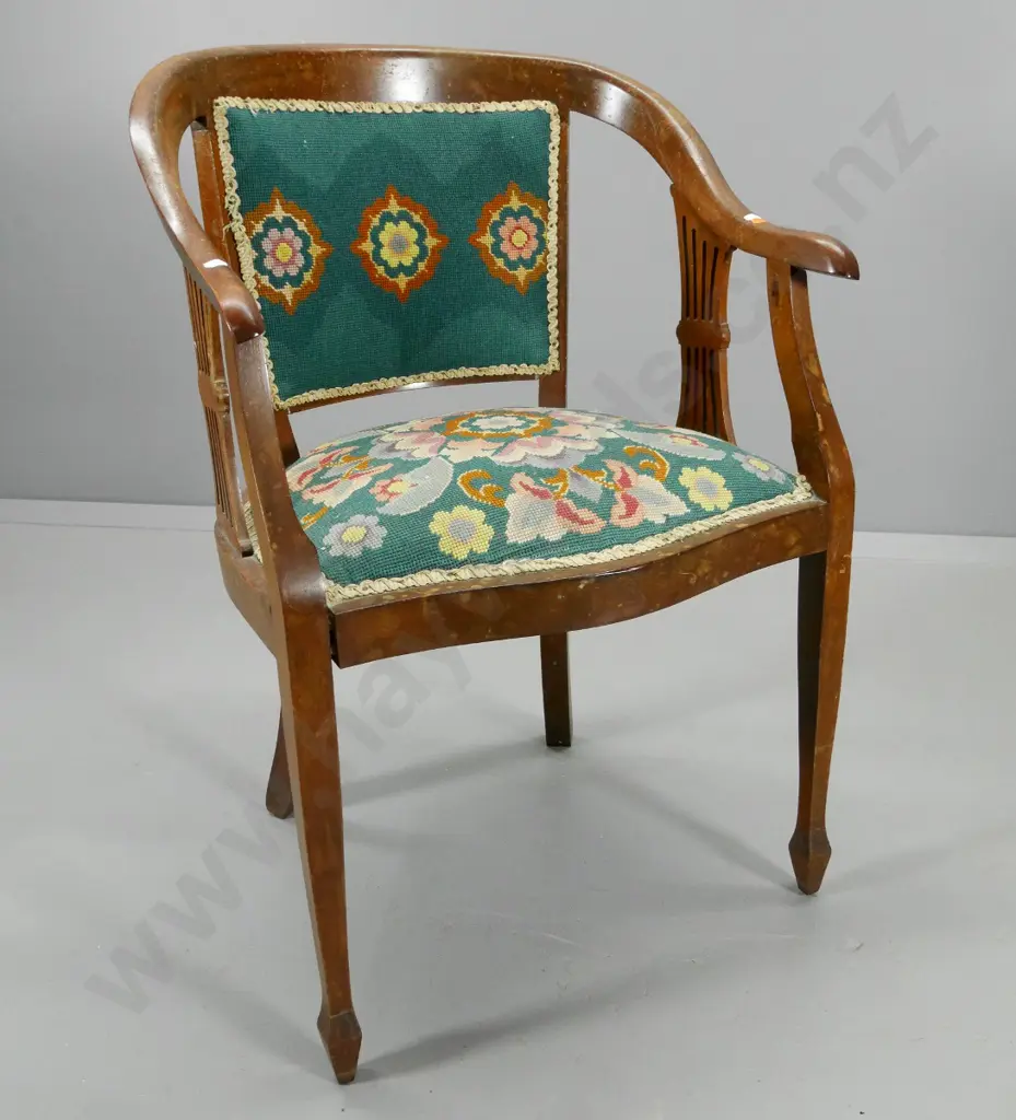 mahogany framed tub chair w/fretted sides, tapestry upholstered seat and back, wear to polish H830 W560 D460 Image 1++