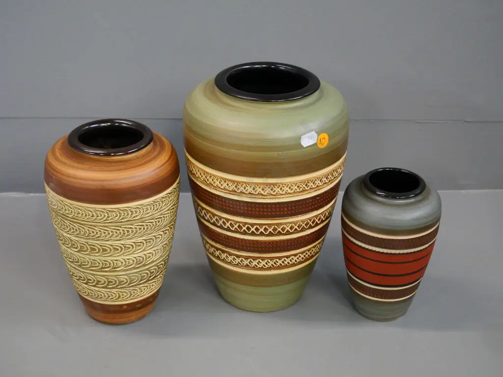 3 German pottery banded and incised vases with black interiors - tallest is H-260 Image 1++