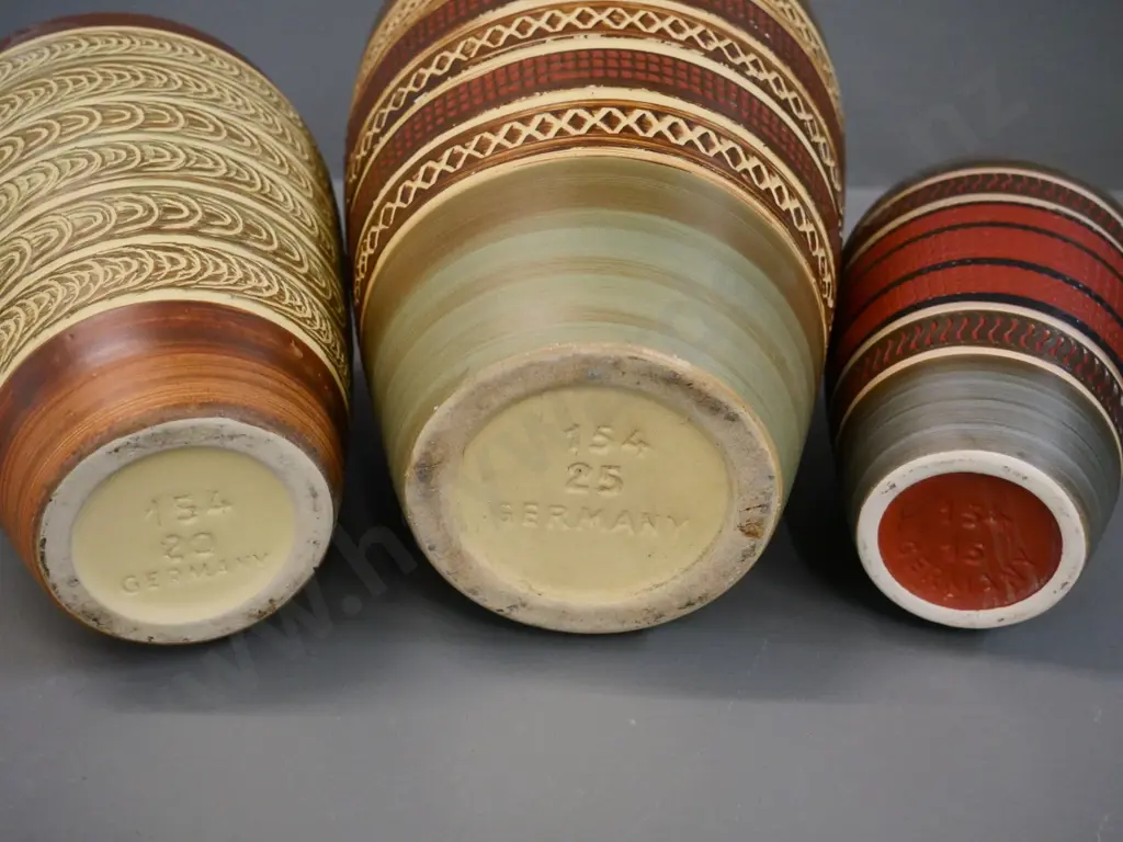 3 German pottery banded and incised vases with black interiors - tallest is H-260 Image 1++