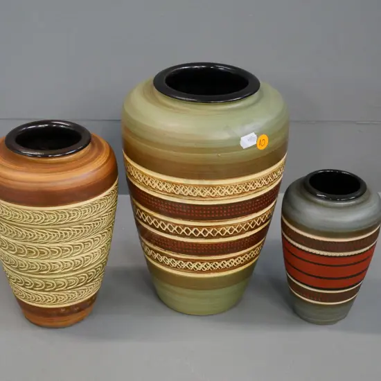 3 German pottery banded and incised vases with black interiors - tallest is H-260