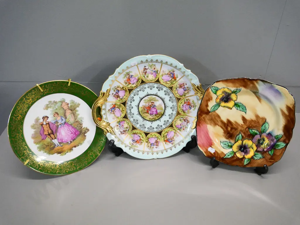 3 cabinet plates - German romance scene, Limoges, and a Tunstall 'Viola' pattern Image 1++