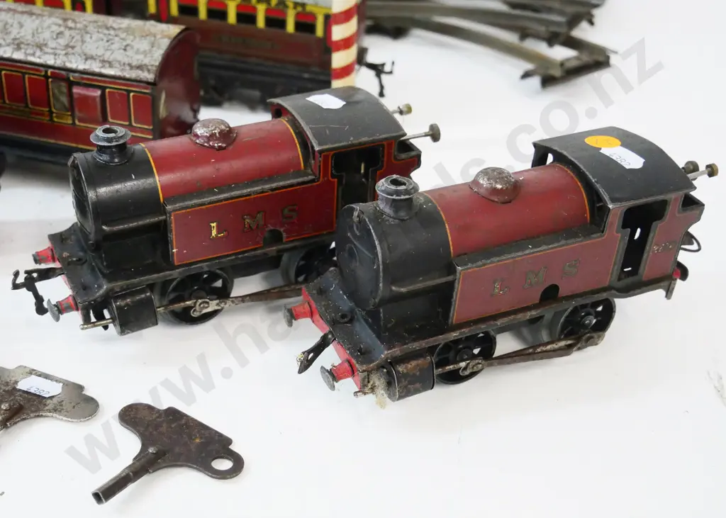 Hornby model train pieces - 2 key-wind locomotives, rolling stock and assorted track - general corrosion and wear Image 1++