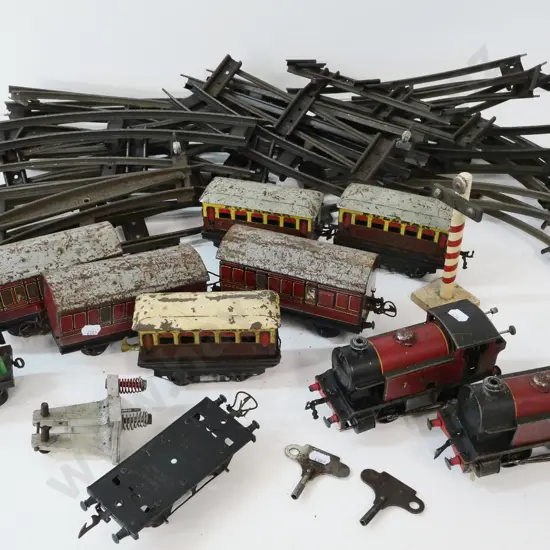 Hornby model train pieces - 2 key-wind locomotives, rolling stock and assorted track - general corrosion and wear