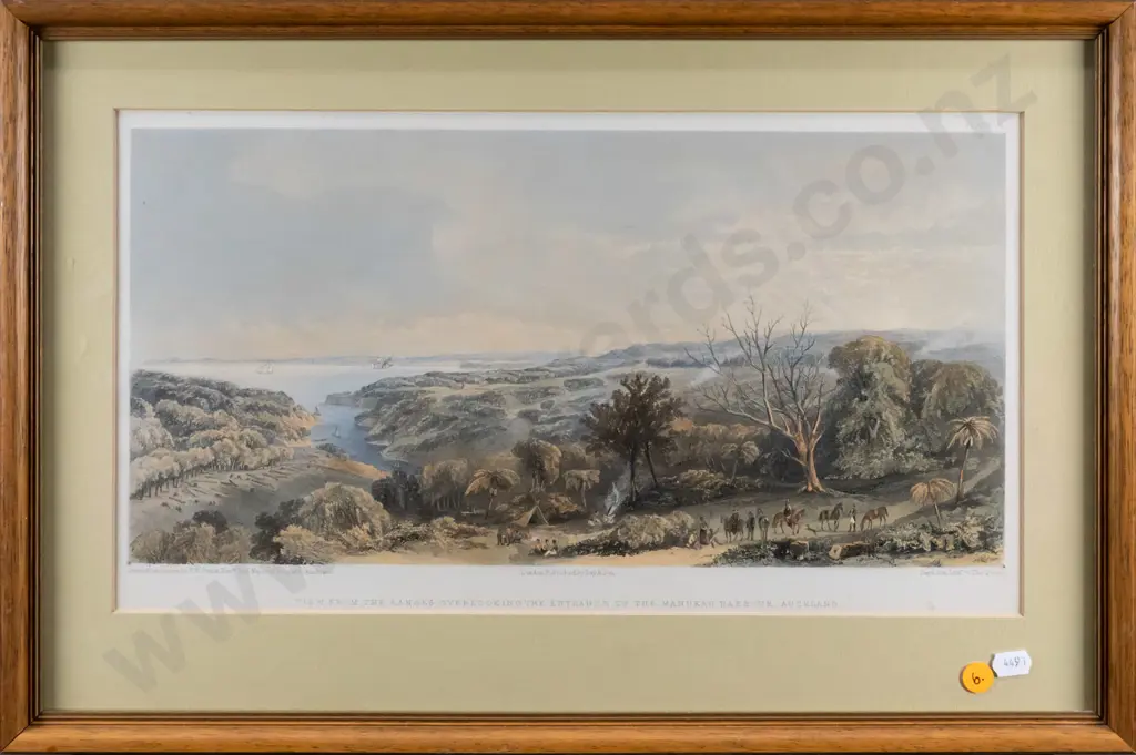 (reproduction?) framed lithograph - view of Manukau Harbour Auckland - artist F.R. Stack, pub. Day & Son H230 W420 Image 1++